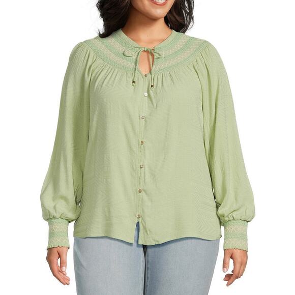 Nurture by Westbound Plus Size 2X Smocked Woven Long Sleeve Button-Front Top - Picture 1 of 5